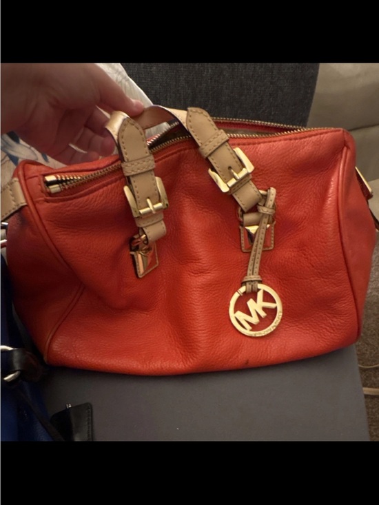 Michael Kors Handbags - Michael Kors Orange Leather Satchel with Tan Handles and Gold MK Charm